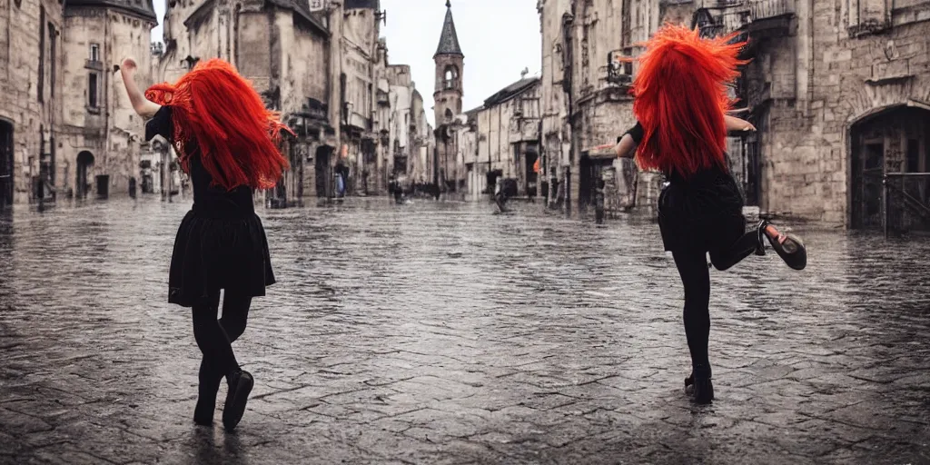 Prompt: a girl with red hair is dancing in an open up and crowdly street of gothic town, raining