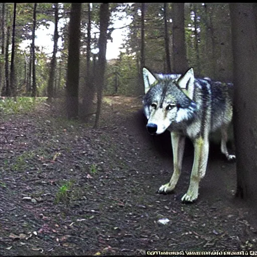 Image similar to trailcam footage of humongous wolf at night