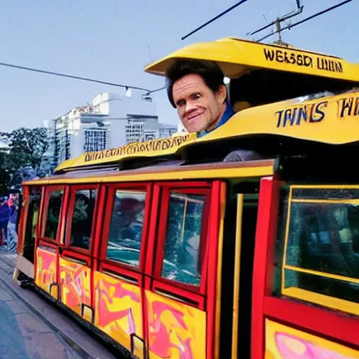 Image similar to jim carrey on a cablecar