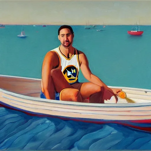 Image similar to klay thompson on a boat in the bay with his white rat, oil on canvas by wayne thiebaud