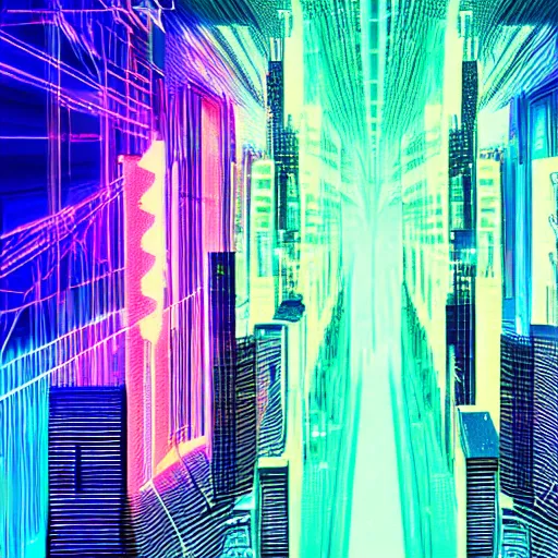 Prompt: cityscape made of glowing multi - colored trasparent ice, cyberpunk, quantum wavetracing,