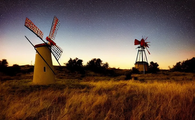 Image similar to “ sunset windmill with meteor shower in the background, cinematic, award winning ”