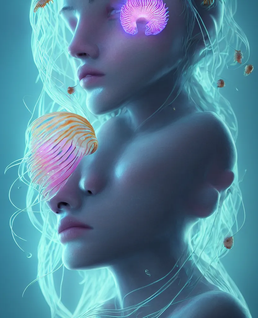 Image similar to goddess close-up portrait. orchid jellyfish phoenix head, nautilus, skull, betta fish, bioluminiscent creatures, intricate artwork by Tooth Wu and wlop and beeple. octane render, trending on artstation, greg rutkowski very coherent symmetrical artwork. cinematic, hyper realism, high detail, octane render, 8k