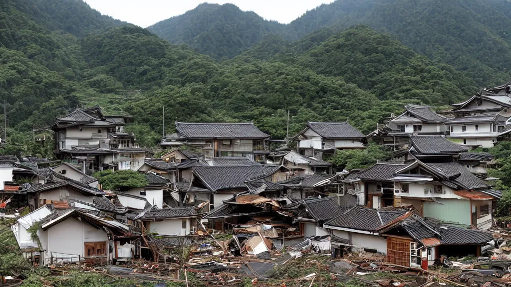 Prompt: tornado in a japanese village in the mountains