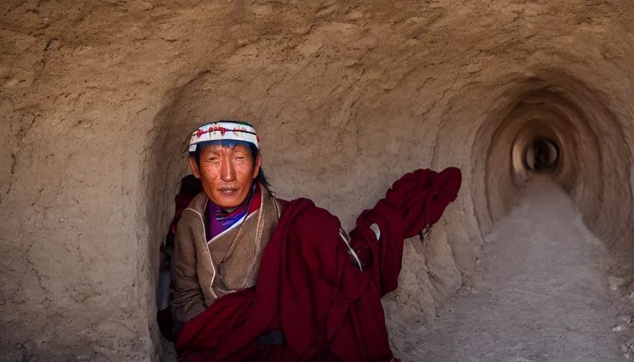 Prompt: a tibetan man in a flesh barque in a tiny tunnel, leica sl 2