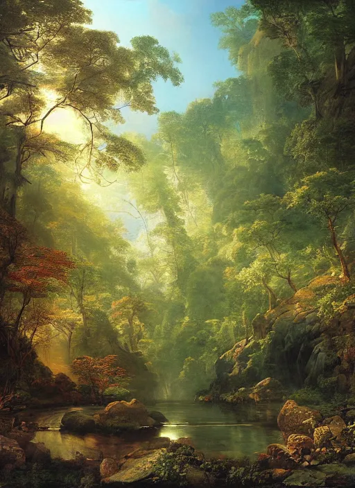 Image similar to a forest oasis, rock pools, harmony of nature, infinite dawn, angelic light, sparkling dew, epic atmosphere, by asher brown durand, by iyoshitaka amano