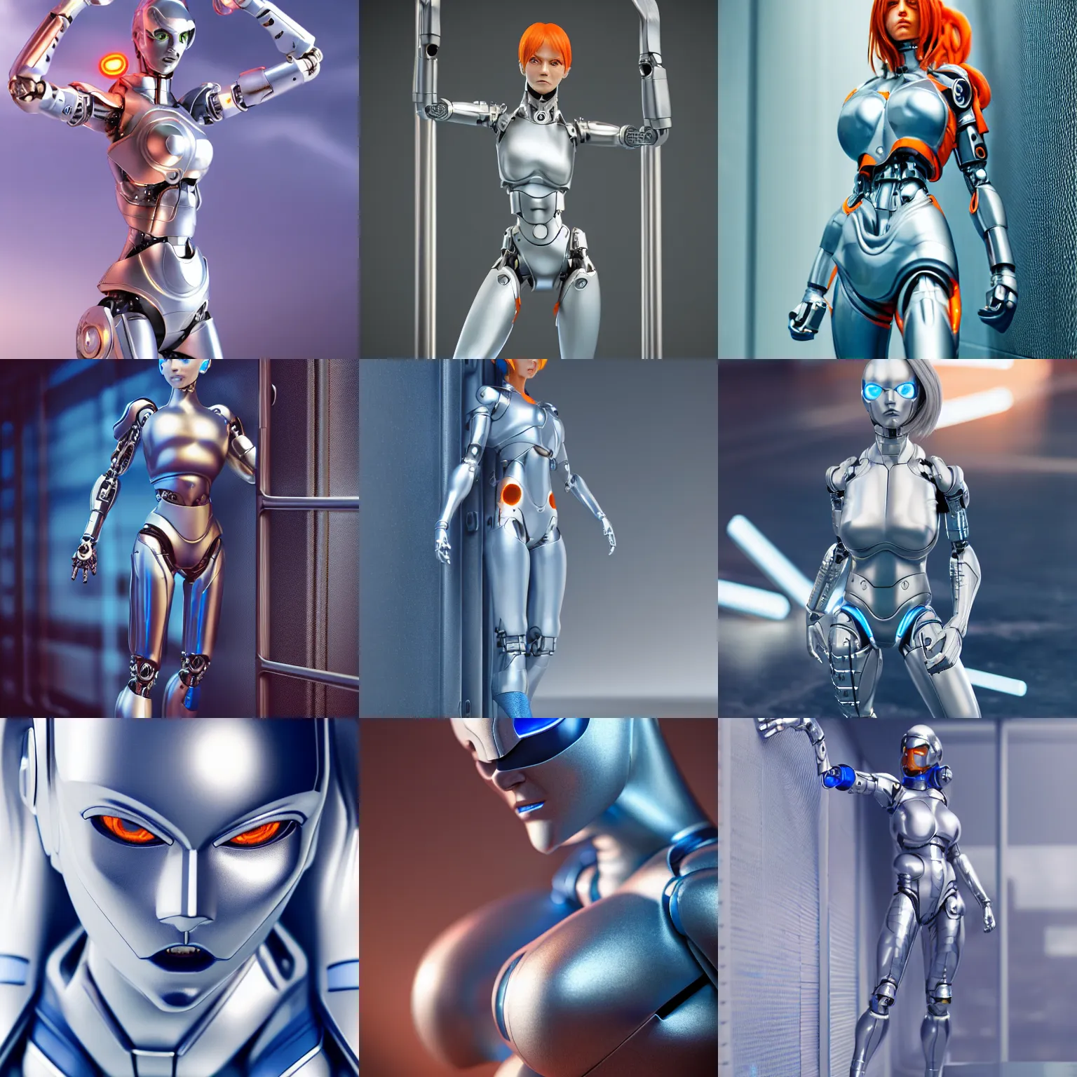 Prompt: perfect anime!! cyborg woman, porcelain, aluminium ( desgined by apple ), silver, blue soft details, soft!!, ( ( standing close to an orange metal fence ) ), studio photo, octane render, studio lights, 8 0 mm lens