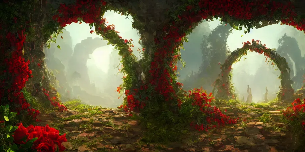 Prompt: broken arches leading to the pillars of eternity draped with red flowers and vines, blue sky, lens flare, a sense of mystery, cinematic, ultra detailed, intricate, trending on artstation, 8K, illustration