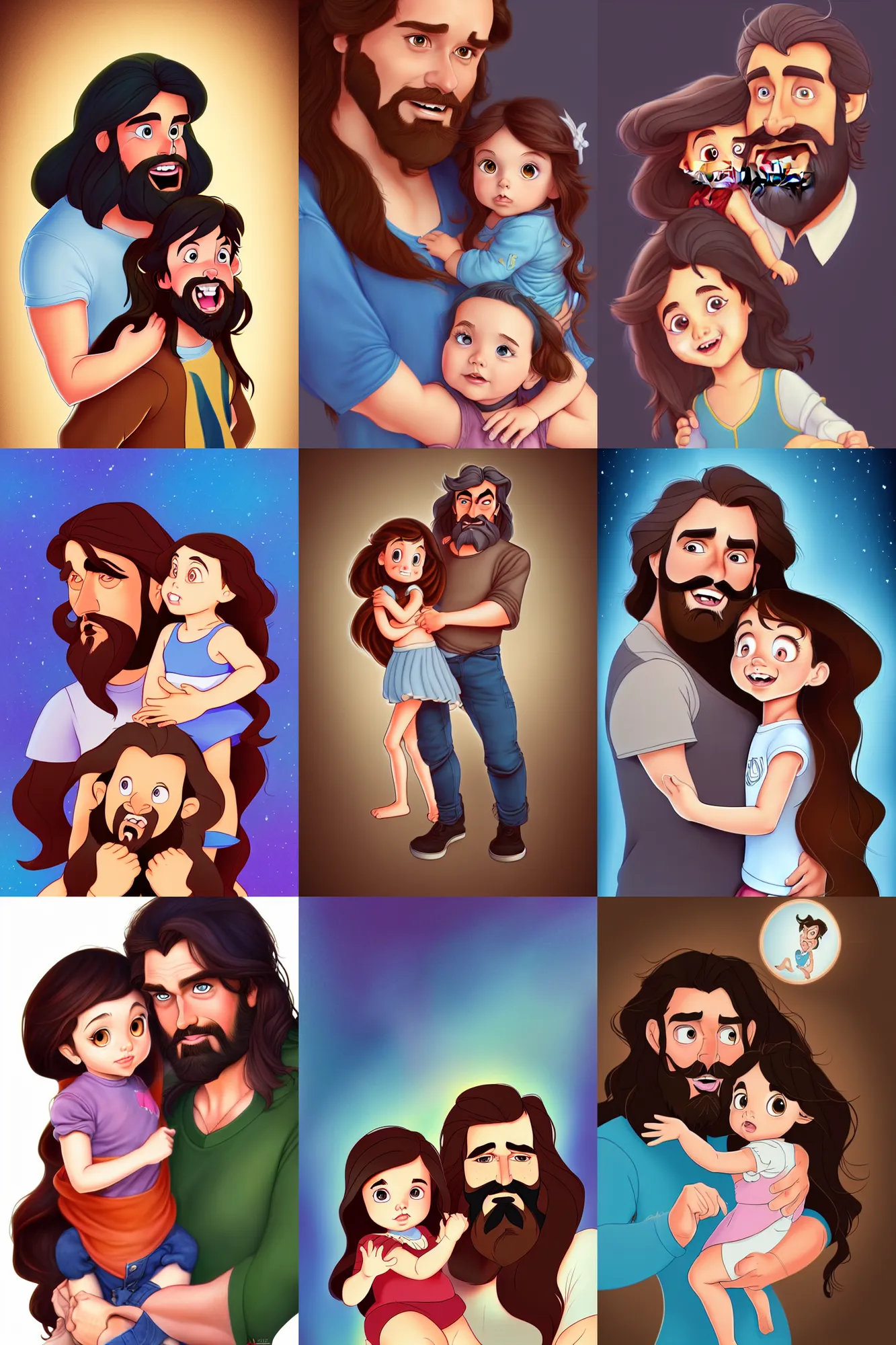 Image similar to a long - haired bearded father and his brunette child toddler girl full color digital illustration in the style of don bluth, artgerm, artstation trending, 4 k