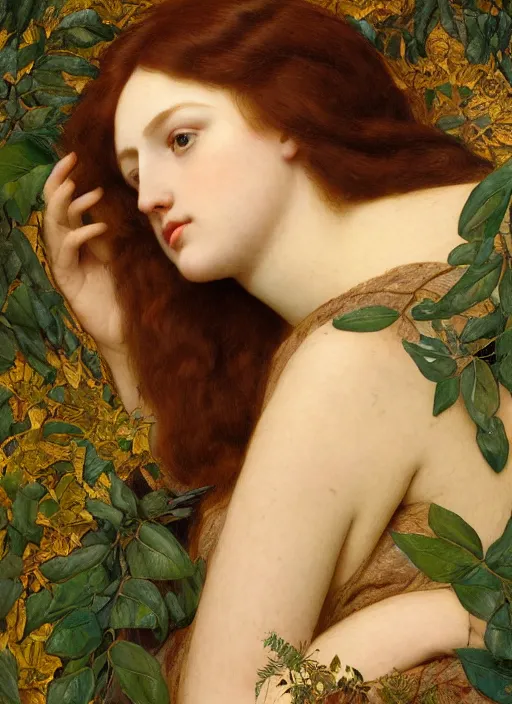 Image similar to masterpiece beautiful seductive flowing curves preraphaelite face portrait amongst leaves, extreme close up shot, straight bangs, thick set features, yellow ochre ornate medieval dress, laying amongst foliage mushroom forest circle arch, frederic leighton and kilian eng and rosetti and preraphaelites, 4 k