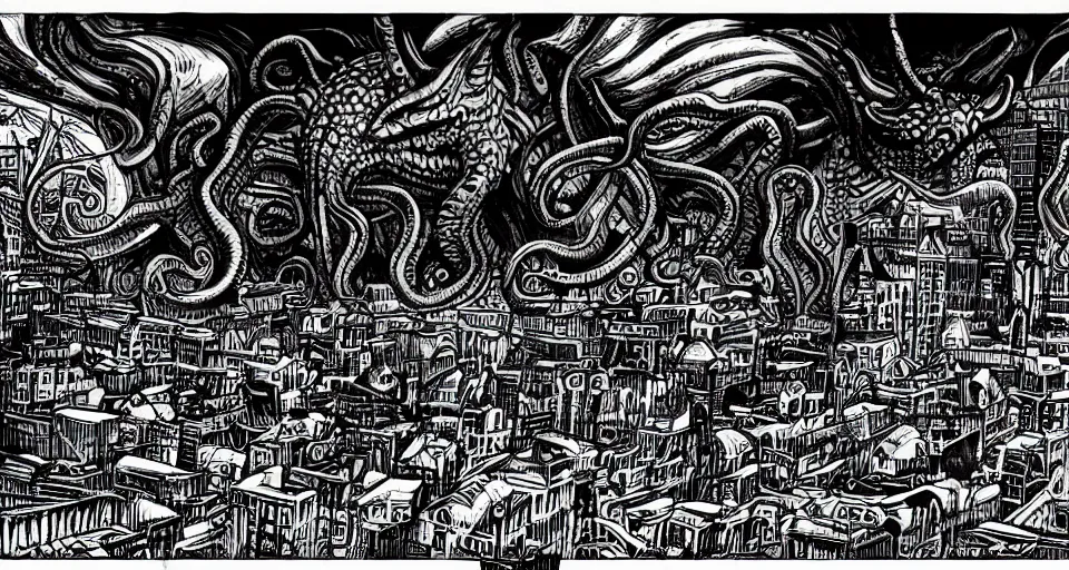 Image similar to cthulhu attacking a detailed cityscape, horror, lovecraftian, in the style of junji ito, lineart, manga, shirow masamune
