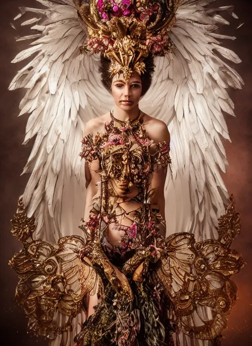 Image similar to full body environmental portrait photo of a goddess as angel, ornate headpiece made from flowers, ornaments, glamour shot by gemmy woud - binnendijk, lindsay adler, stefan gesell, photorealistic, canon r 3, fashion photography, ornate, elegant, luxury and elite, symmetrical features, octane render, unreal engine, solid dark grey background, dramatic lights