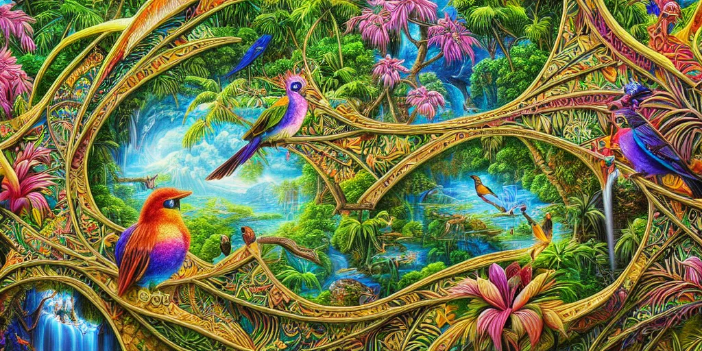 Image similar to visionary art, tropical eastern waterfall valley, with great birds, rich geometry, precise and incredibly highly detailed intricate 8 k wallpaper, john stephens, lisa frank, intricate stunning award winning masterpiece trending on artstation