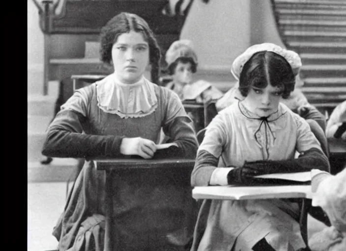 Prompt: A movie still of Lea Seydoux as school teacher in 1913 silent movie.