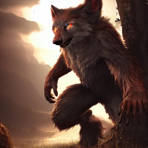 Image similar to 8k ultra realistic werewolf videogame promotional art, full of colour, cinematic lighting, trending on artstation, focused, extreme details, unreal engine 5, cinematic