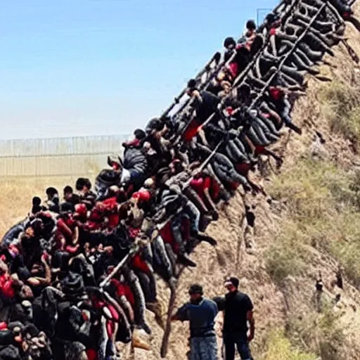 Image similar to thousands of zombified Mexicans attempt to climb Donald Trump’s Mexican border wall, he sprays his minigun at them wildly with rage
