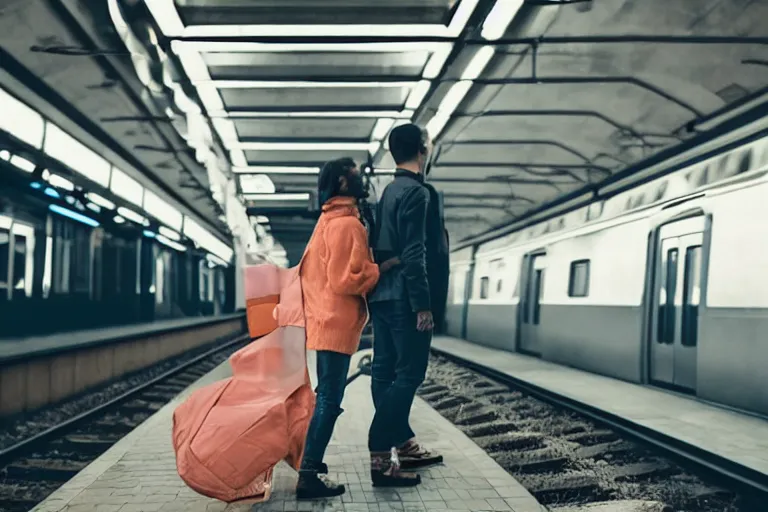 Image similar to vfx movie couple in a train station flat color profile cinematography