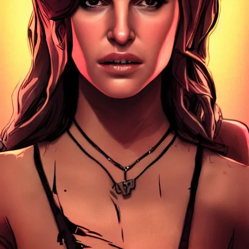 Image similar to young natalie portman portrait, borderlands, tales from the borderlands, the wolf among us, comic, cinematic lighting, studio quality, 8 k