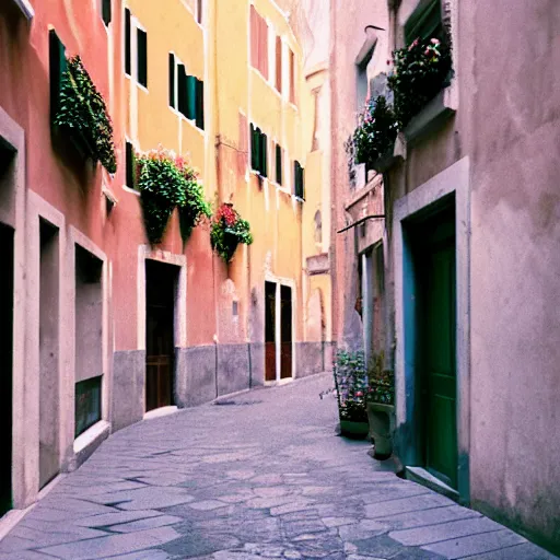 Image similar to kodak portra 8 0 0, flickr photograph view of a calm hallway street street with blue roses in downtown neo - venezia in a dreamy afternoon, a corner shop can be seen