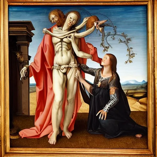 Image similar to skeleton in heaven dressed as renaissance artist painting a portrait of a model dressed as a Saint, painting, renaissance art, detailed, oil painting