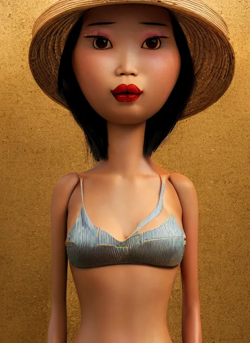 Image similar to closeup portrait of tin toy girl, rice hat, vietnam bikini, depth of field, zeiss lens, detailed, symmetrical, centered, fashion photoshoot, by nicoletta ceccoli, mark ryden, lostfish, breathtaking, 8 k resolution, extremely detailed, beautiful, establishing shot, artistic, hyperrealistic, octane render