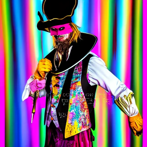 Image similar to grim-hatter, professional photoshoot, pirate on the black pearl, neochrome acid colors