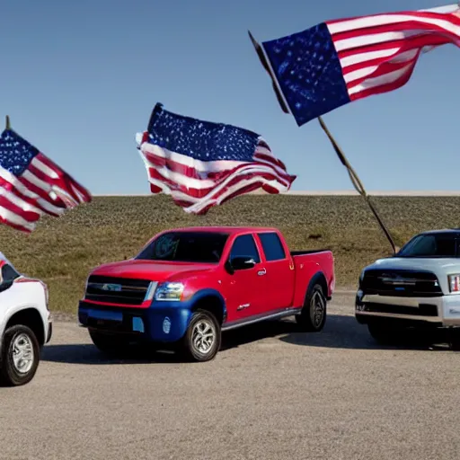 Image similar to photo of trumo pickup trucks with american flags battling biden pickup trucks with american flags. guns can be seen. there is a large battle.