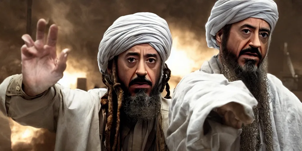 Image similar to Robert Downey Jr. as Osama Bin Laden in 'Big Bin' (2025), movie still frame, oscar nominated cinematography, volumetric lighting, 8k resolution, beautiful composition