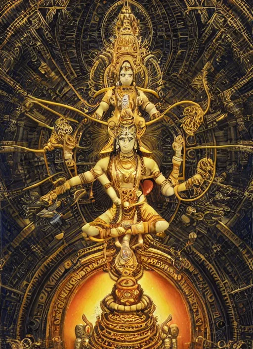 Image similar to highly detailed picture of cybertronic statue of shiva in a hindu temple, edge of the universe, perfectly symmetrical face, elegant, centered, digital painting, artstation, concept art, smooth, sharp focus, illustration, golden ratio, perfect symmetrical, intricate, by boris vallejo, masterpiece, book by gene wolfe, highly detailed painting by gustave dore