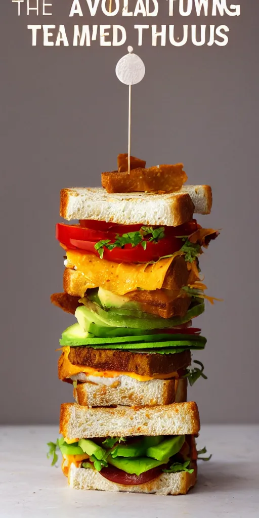 Image similar to the most tall sandwich with fried tofu, one red tomato slice, mayo, onion, avocado, melted cheddar, red dish, background : jupiter and stars in the sky