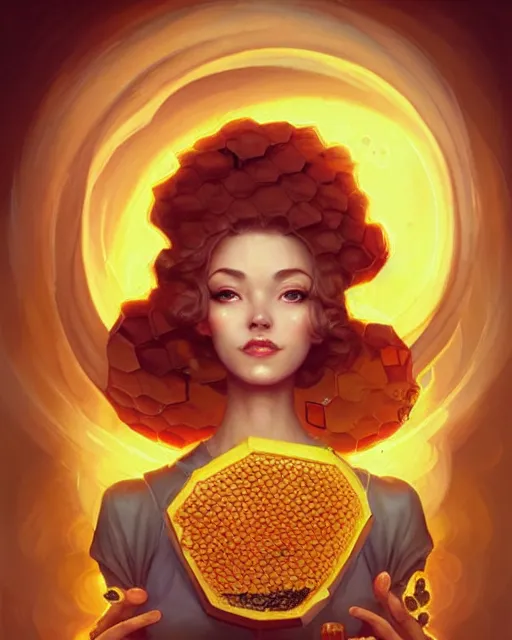 Prompt: beautiful beekeeper woman portrait, honeycomb hairstyle dripping honey, radiant light, swirling flowers, by peter mohrbacher and artgerm