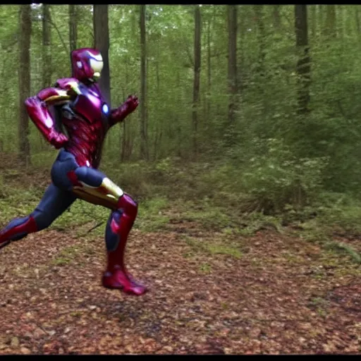 Image similar to trailcam footage of iron man running in the forest