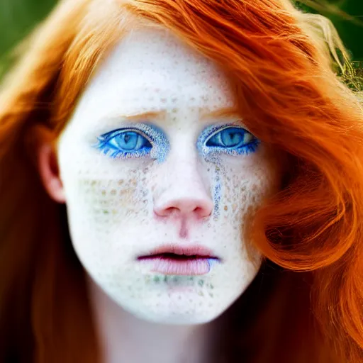 Prompt: close up half-face portrait photograph of a ginger woman with deep blue eyes. Wavy long hair. she looks directly at the camera. Slightly open mouth, face covers half of the frame, with a park visible in the background. 135mm nikon. Intricate. Very detailed 8k. Sharp. Cinematic post-processing. Award winning portrait photography