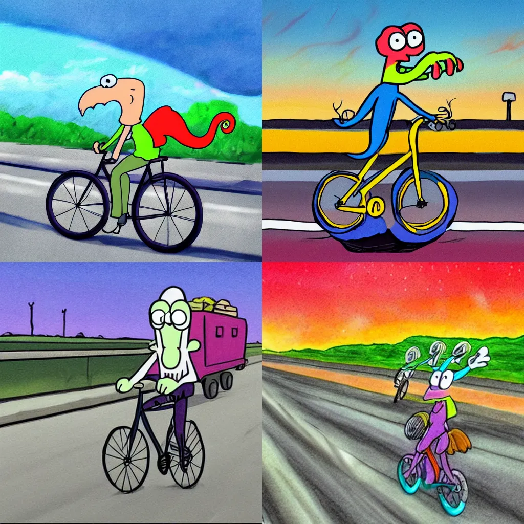 Prompt: squidward riding a bicycle on a busy highway, early morning, distant view, colorful, rated best fanart of 2020