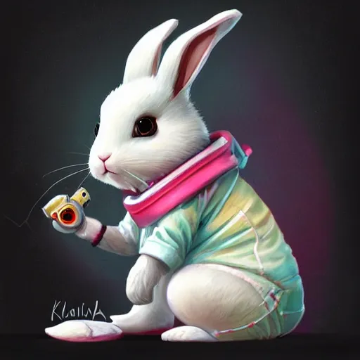 Image similar to An adorable whimsical bunny wearing sci fi clothing, highly detailed, digital painting, artstation, concept art, smooth, sharp focus, studio light, by Phil and Kaja Foglio,