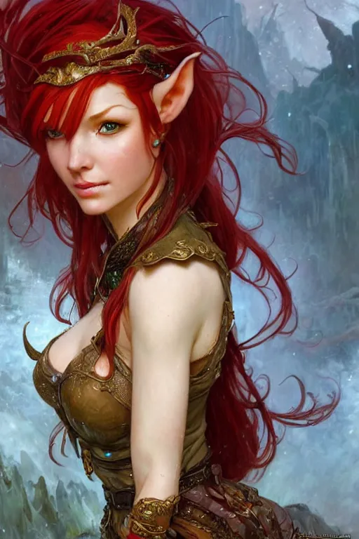 Prompt: alluring highly detailed close-up portrait of beautiful elf girl with red hair wearing a fantasy outfit, very detailed, realistic, by Stanley Artgerm Lau, greg rutkowski, thomas kindkade, alphonse mucha, loish, norman rockwell J.