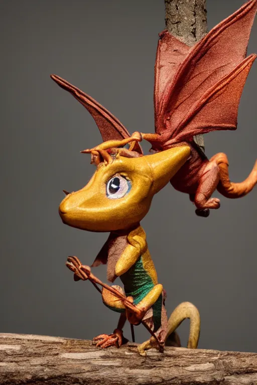 Image similar to a tiny pixie-like dragon sitting on the shoulder of a wooden marionette painted like an elf, high resolution film still, 8k, HDR color