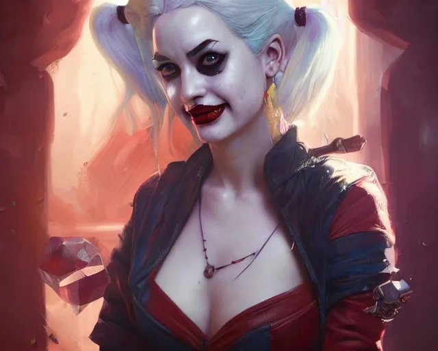 Prompt: photography of harley quinn, deep focus, d & d and mtg, fantasy, intricate, elegant, highly detailed, digital painting, artstation, concept art, matte, sharp focus, illustration, hearthstone, art by artgerm and greg rutkowski and alphonse mucha