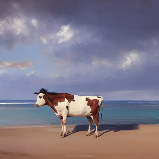 Prompt: Cow-horse on a white/black sand beach, Greg Rutkowski