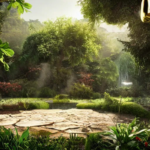 Image similar to the garden of eden, realistic 8 k professional photography, midday lighting, defiant, octane, volumetric lighting, 7 0 mm,