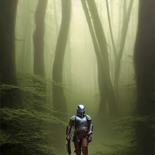 Image similar to the mandolorian walking in a dense forest with a foggy overcast by charles vess and james jean and erik jones and rhads, inspired by star wars, intricate high details, sharp, ultradetailed, unreal 5, hyper realistic