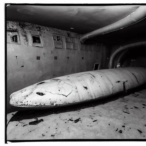 Prompt: photograph of an abandoned soviet submarine underwater, wide angle, dry ice, decay