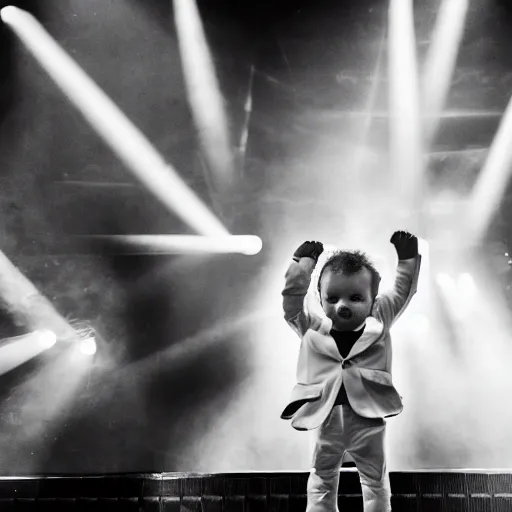 Prompt: photo of a baby wearing a suit performing on stage in a nightclub