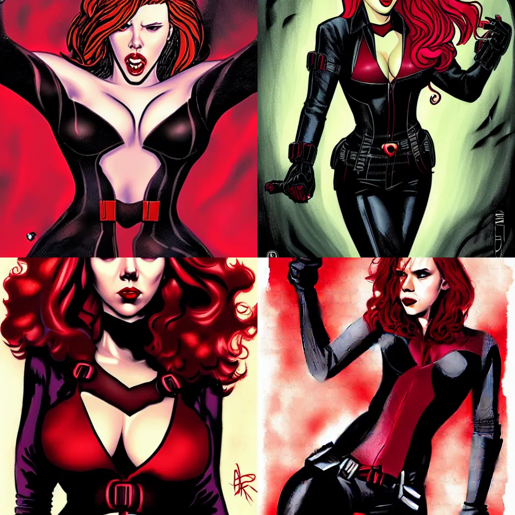 Prompt: in the style of Steve Niles art, Scarlett Johansson Black Widow vampire