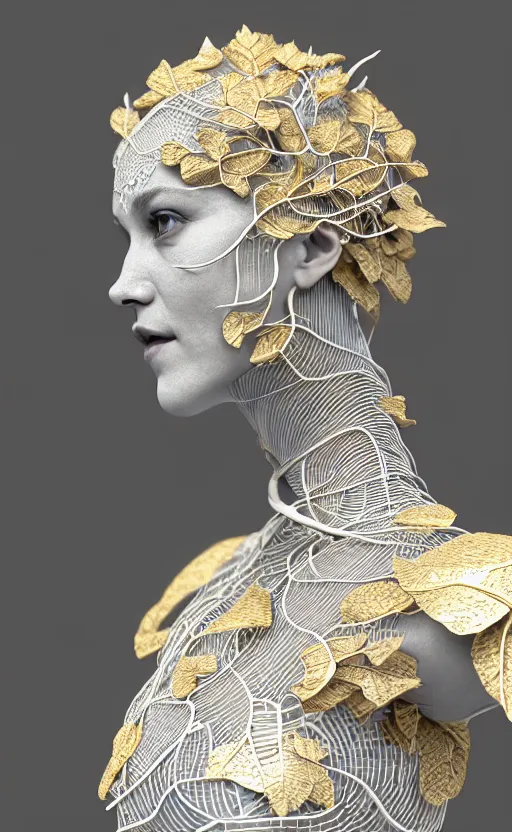 Image similar to complex 3d render of a beautiful porcelain profile woman face, vegetal dragon cyborg, 150 mm, beautiful natural soft light, rim light, silver gold details, magnolia leaves and stems, roots, fine lace, maze like, mandelbot fractal, anatomical, facial muscles, cable wires, microchip, elegant, highly detailed, white metallic armour, octane render, black and white, H.R. Giger style