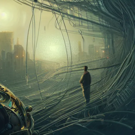 Prompt: Humans working on a mysterious sphere, epic, cinematic lighting, machinery, wires and lightning, intricate, highly detailed, digital painting, artstation, concept art, sharp focus, illustration, art by artgerm, cgsociety