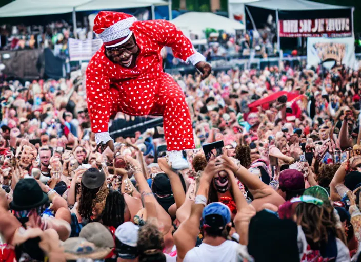 Image similar to photo still of aunt jemima in period attire at vans warped tour!!!!!!!! at age 4 0 years old 4 0 years of age!!!!!!! on stage diving into the crowd, 8 k, 8 5 mm f 1. 8, studio lighting, rim light, right side key light