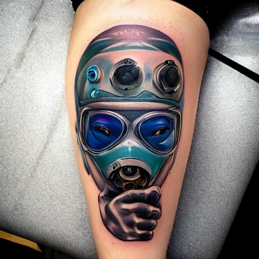 Image similar to cyberpunk underwater diver tattoo design, on white skin, by artgerm