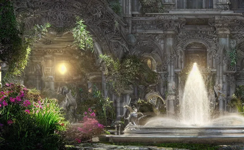 Image similar to A beautiful garden, next to a fountain and a mystical palace, hyperrealistic mixed media, stunning 3d render inspired art by P. Craig Russell and Barry Windsor-Smith + perfect facial symmetry + dim volumetric lighting, 8k octane beautifully detailed render, post-processing, extremely hyperdetailed, intricate futuristic mechanic parts, epic composition, grim yet sparkling atmosphere, cinematic lighting + masterpiece, trending on artstation