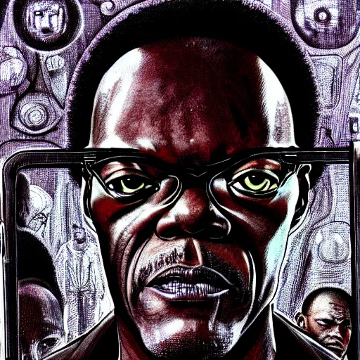 Image similar to samuel l jackson, hyper detailed, in the style of h. r. giger and junji ito and h. r. giger, selfie